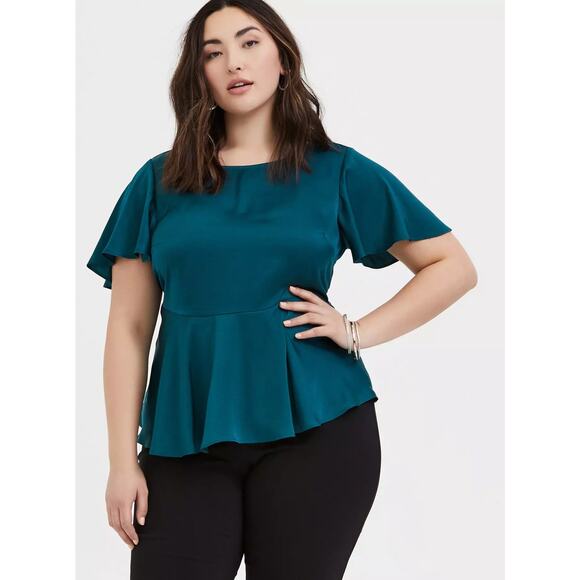 torrid Tops - NWT Torrid Dark Teal Charmeuse Flutter Sleeves Babydoll Blouse PIus Size 4X (26)